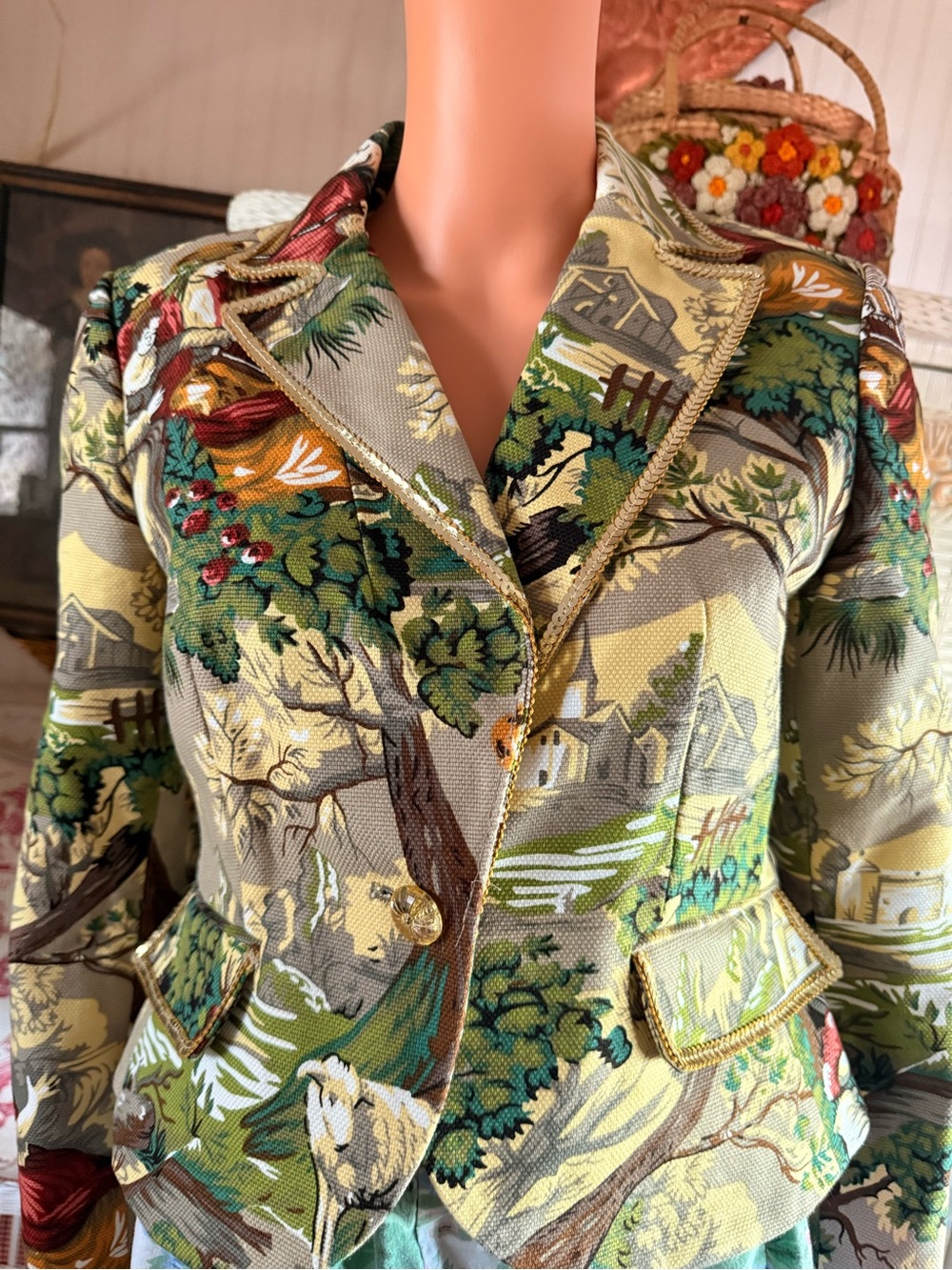 Vintage Tapestry Blazer Toile Rococo Pastoral Sequin Trim Scenic Jacket Size 6